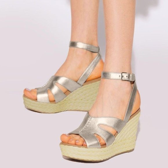 UGG Careena Sandals Leather Platform Espadrille Wedges Gold Metallic Size 10 NEW - Picture 1 of 7